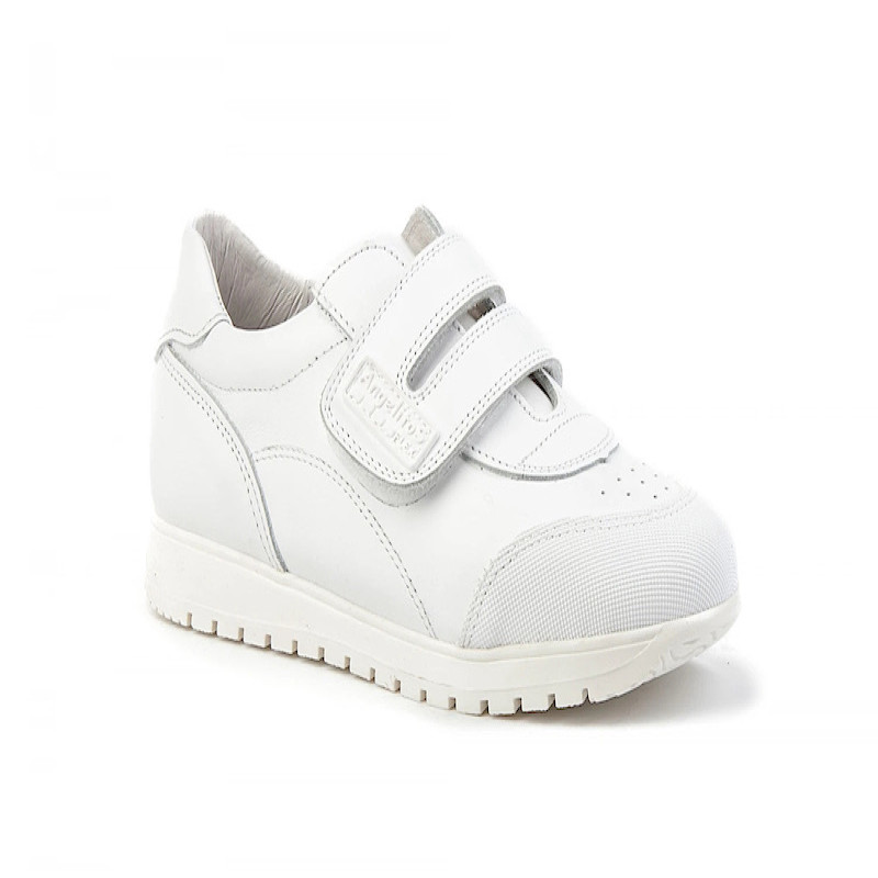 Made in Spain EU23-EU35 School Sports shoes reinforced PVC Toe Napa Leather Single Strap velcro sneakers Non Slip Rubber White 